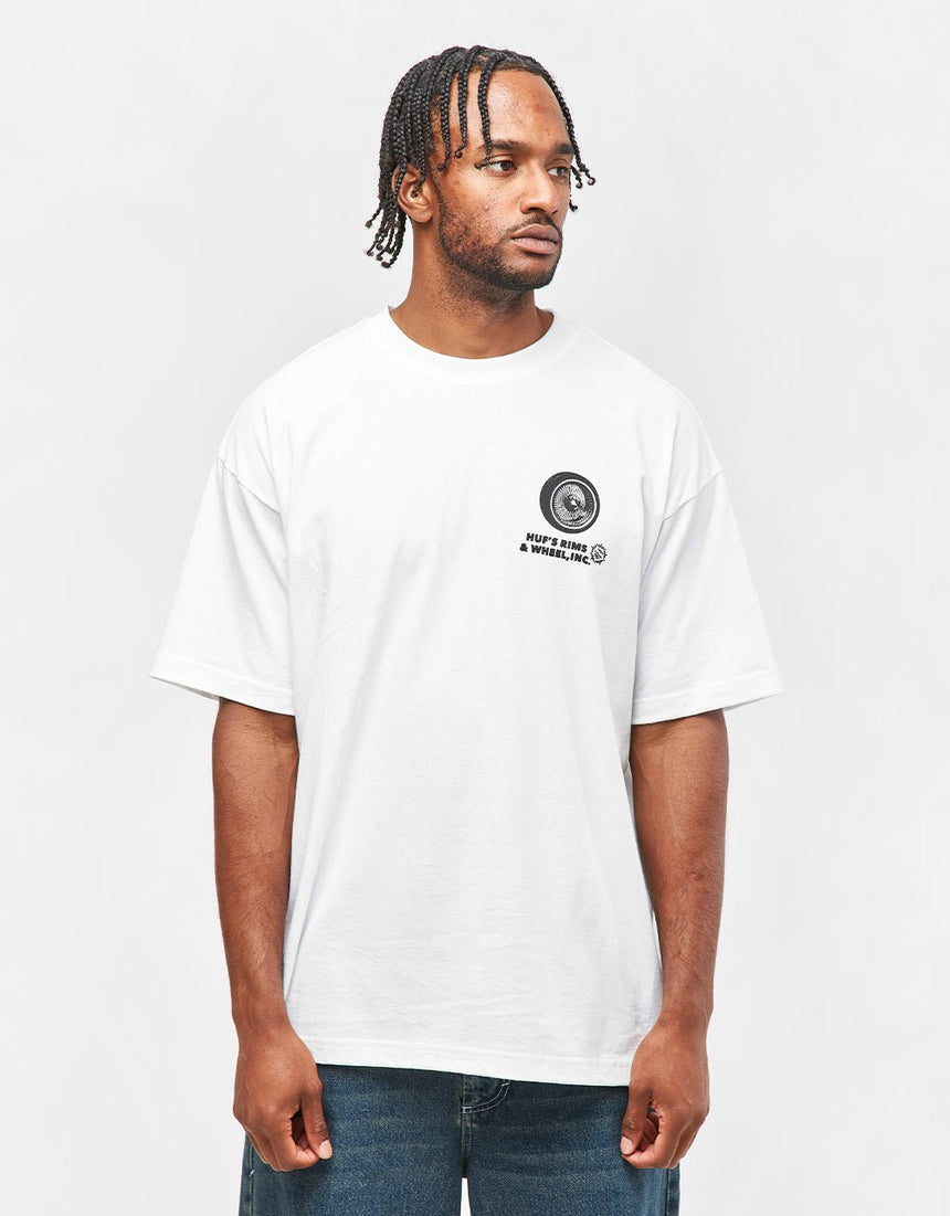 Huf Rim & Wheel Inc Tee - White - Spin Limit Boardshop