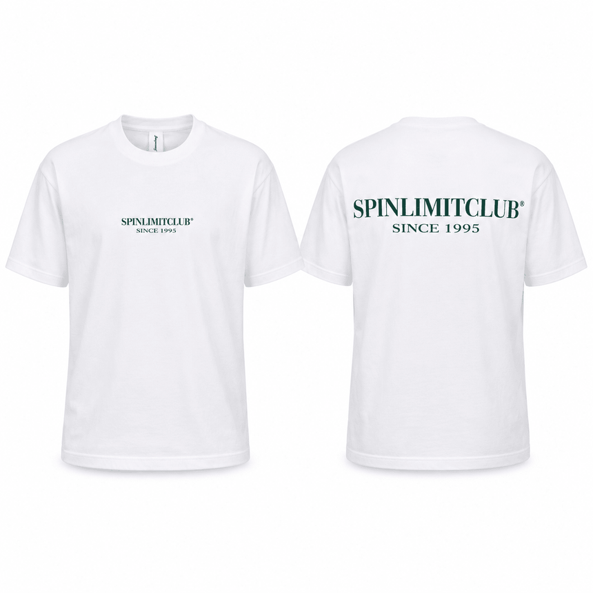 Spin Limit Club Premium Heavyweight Tee - White Green Logo - Spin Limit Boardshop