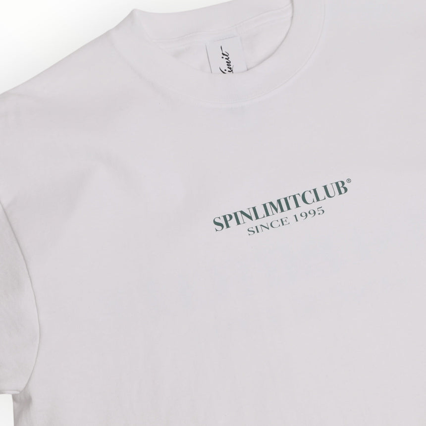 Spin Limit Club Premium Heavyweight Tee - White Green Logo - Spin Limit Boardshop